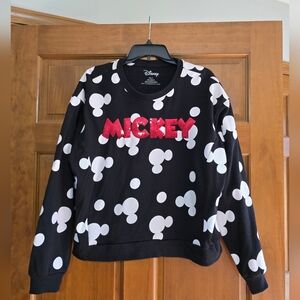 Disney Black Sweatshirt with White Mickey Head Print and Red Sequin MICKEY